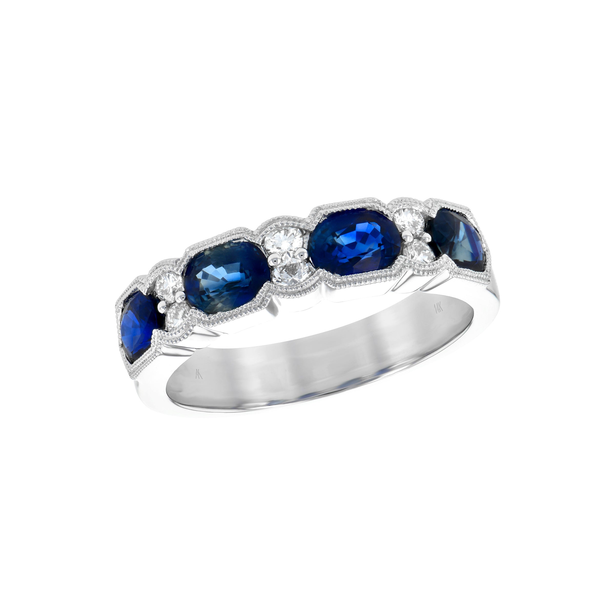 Vintage Style Blue Sapphire and Diamond Band, 14K White Gold | Long ...