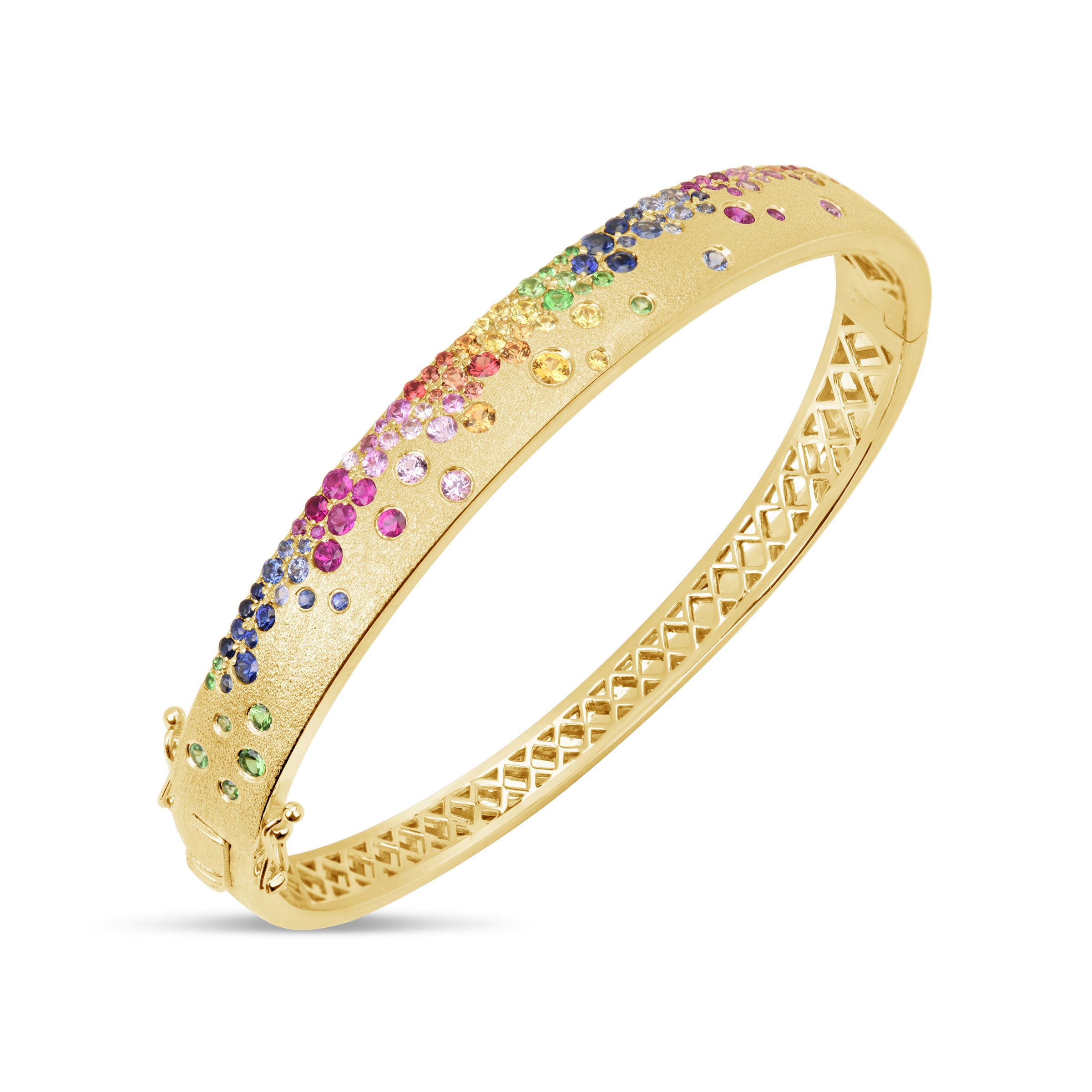 Flush Set Rainbow Gemstone Bangle Bracelet, 14K Yellow Gold