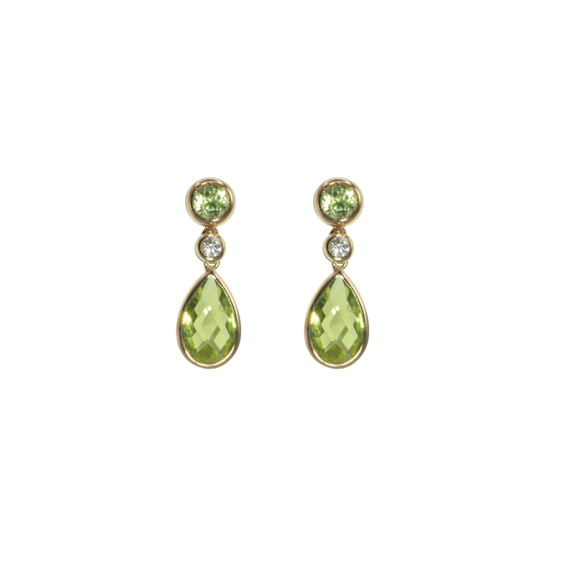 Bezel Set Peridot Drop Earrings, 14K Yellow Gold | Gemstone Jewelry