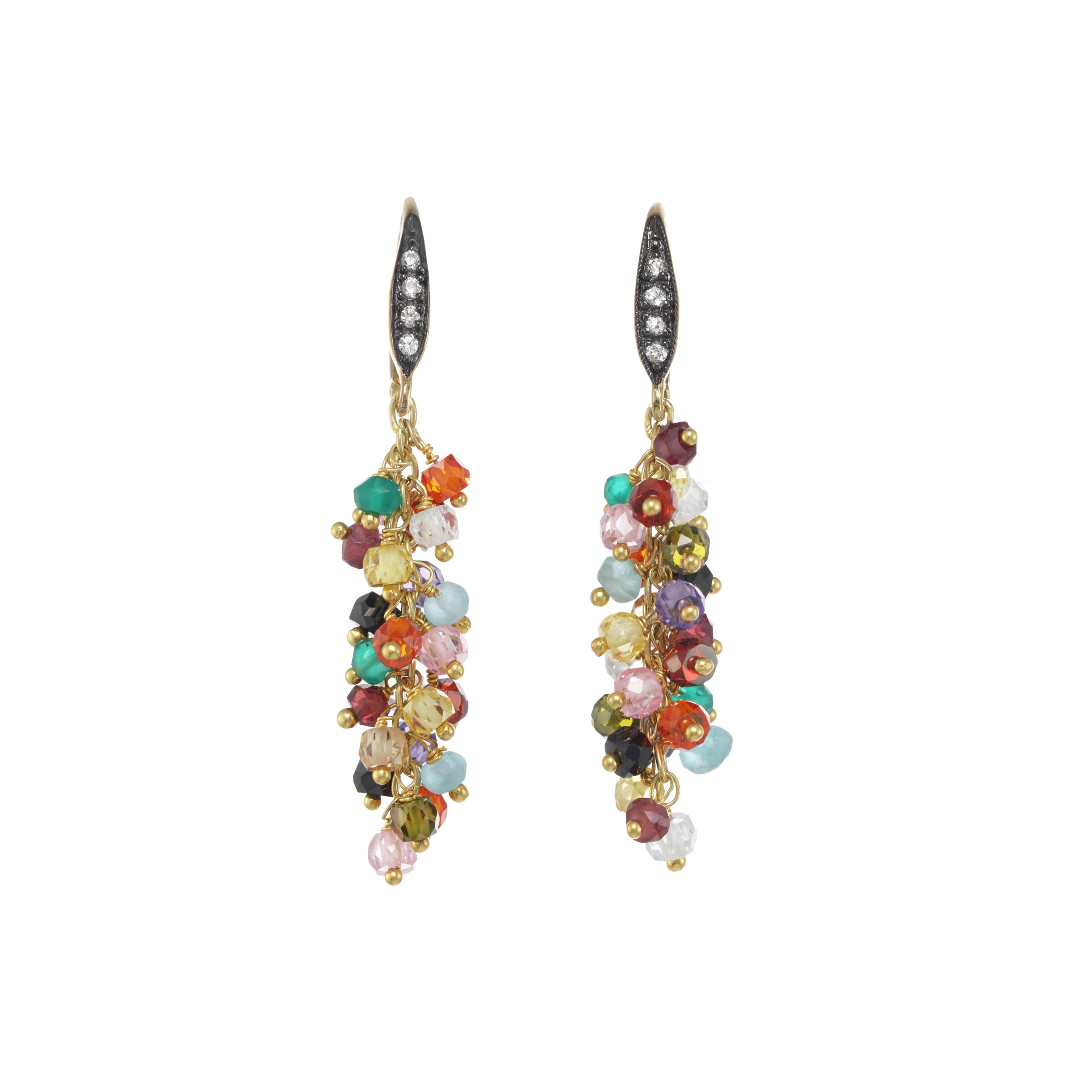 Cascading Multi Gemstone Dangle Earrings, Sterling Silver and 18K Gold