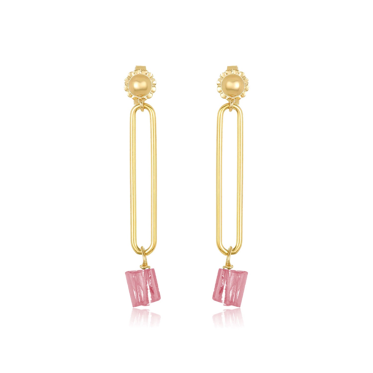 Pink Tourmaline Drop Paperclip Earrings, Yellow Gold Plating