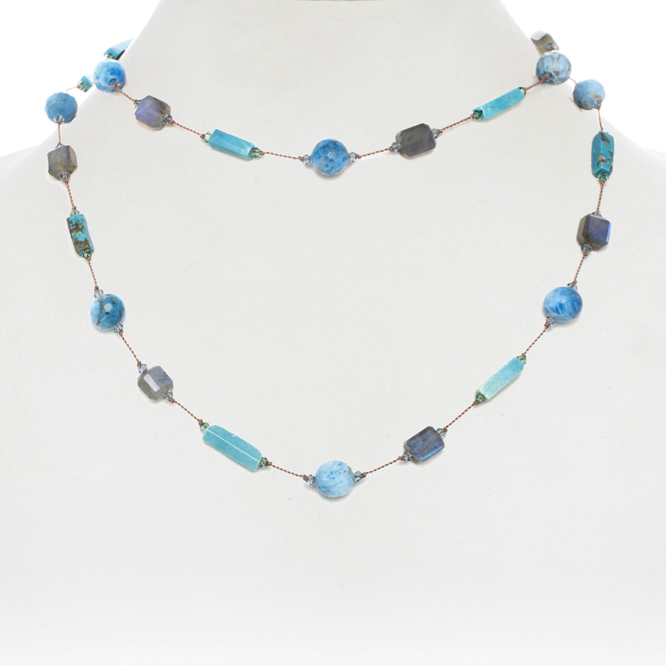 Labradorite, Apatite and Turquoise Gemstone Necklace, 35 Inches