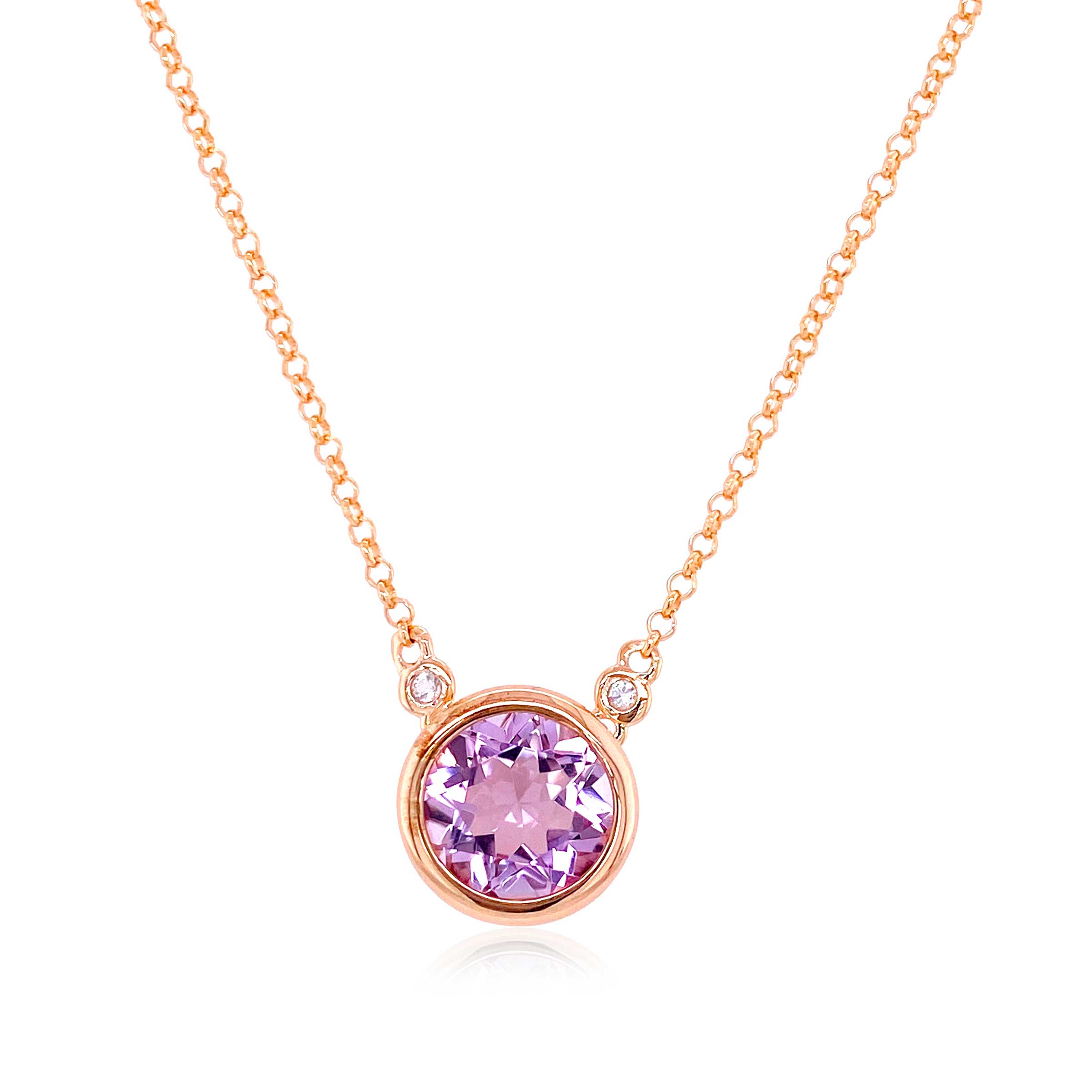 Bezel Set Round Amethyst Necklace, Sterling Silver and Rose Gold ...