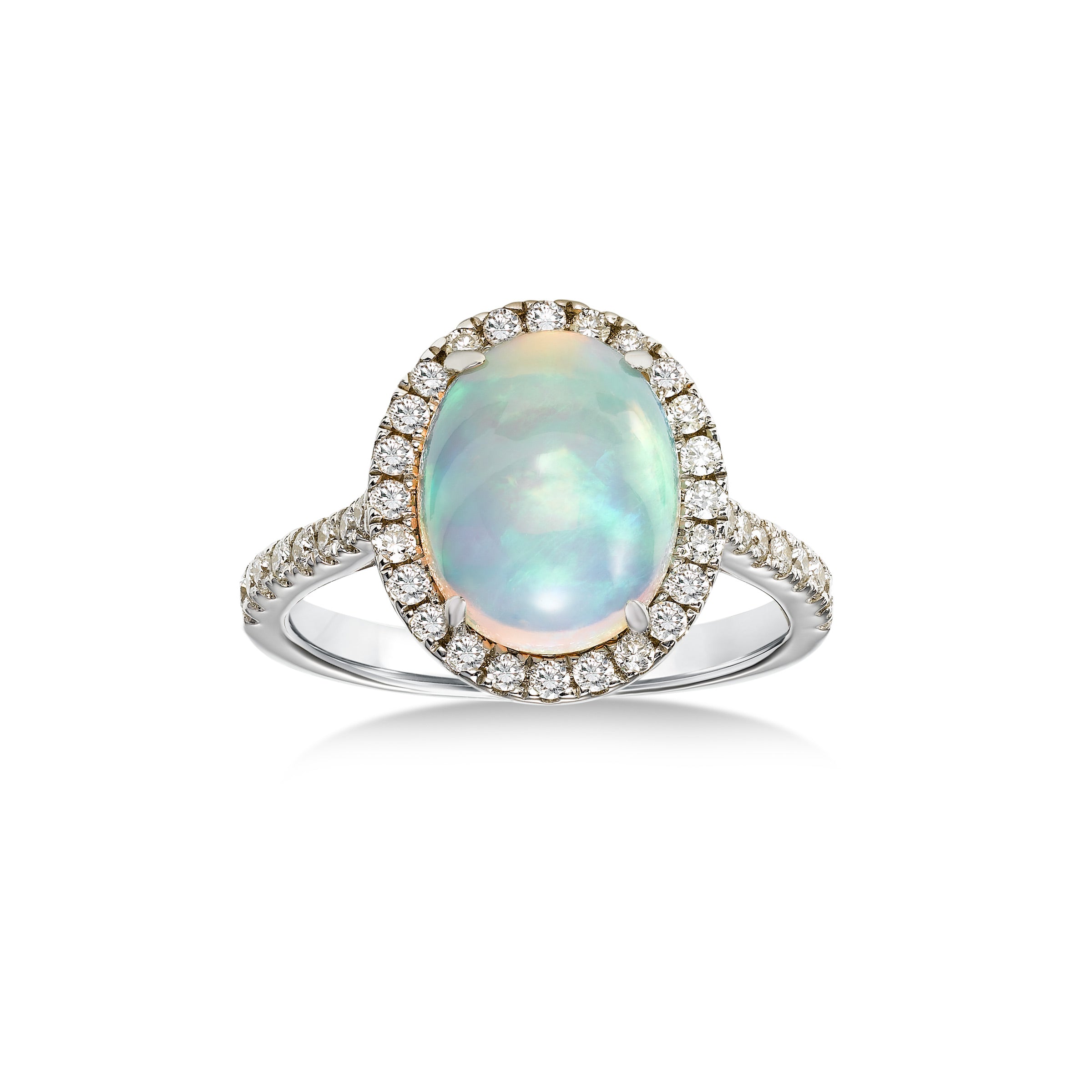 Oval Opal Cabochon and Diamond Halo Ring, 14K White Gold | Gemstone ...