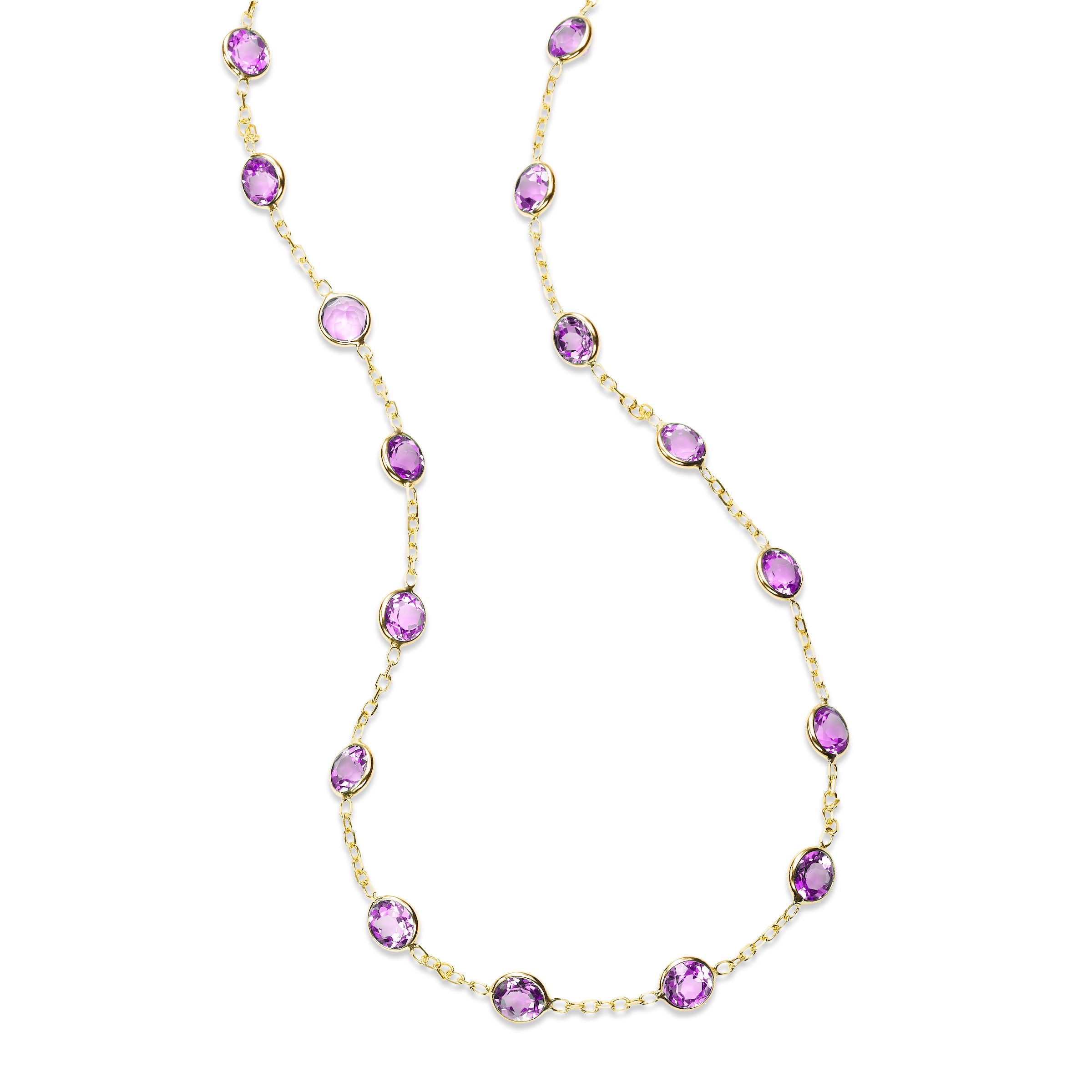 Bezel Set Amethyst Station Necklace, 18 Inches, 14K Yellow Gold ...