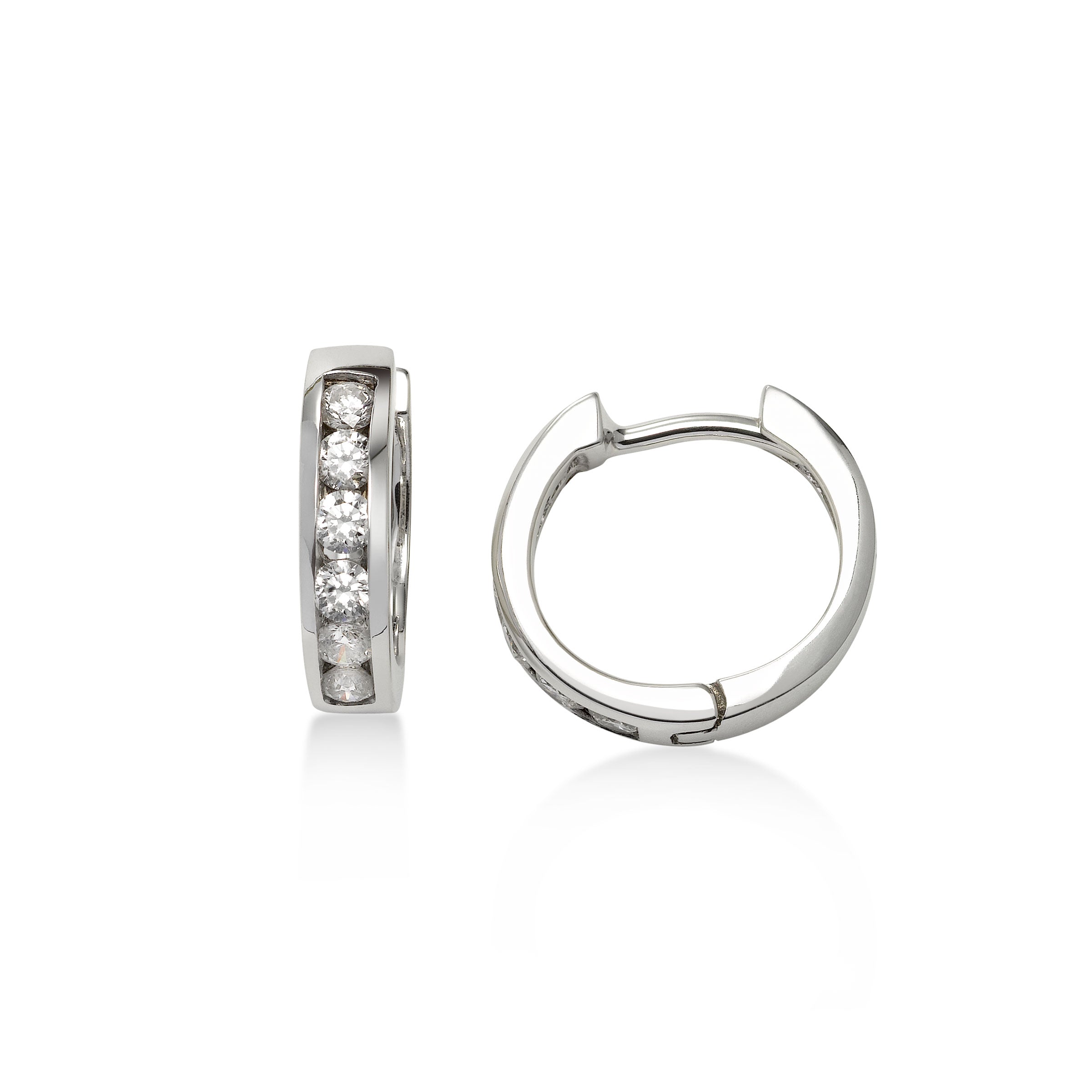 Channel Set Diamond Huggie Hoop Earrings, 14K White Gold Diamond