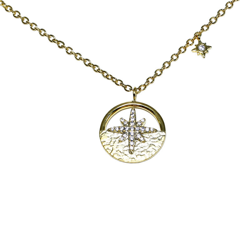 Diamond Starburst in Disc Pendant, 14K Yellow Gold