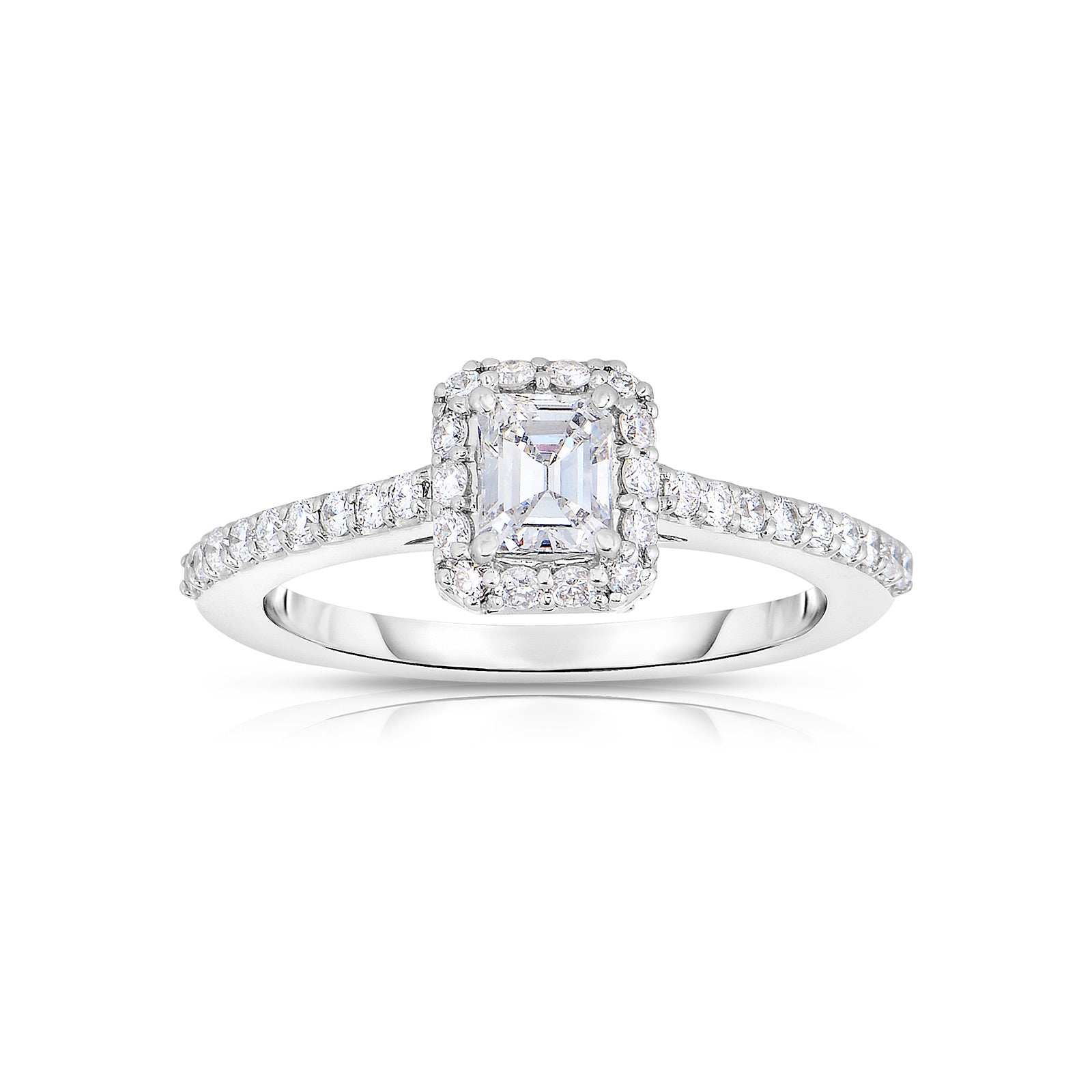 Emerald Cut Diamond Ring with Halo, 18K White Gold | Diamond Stores ...