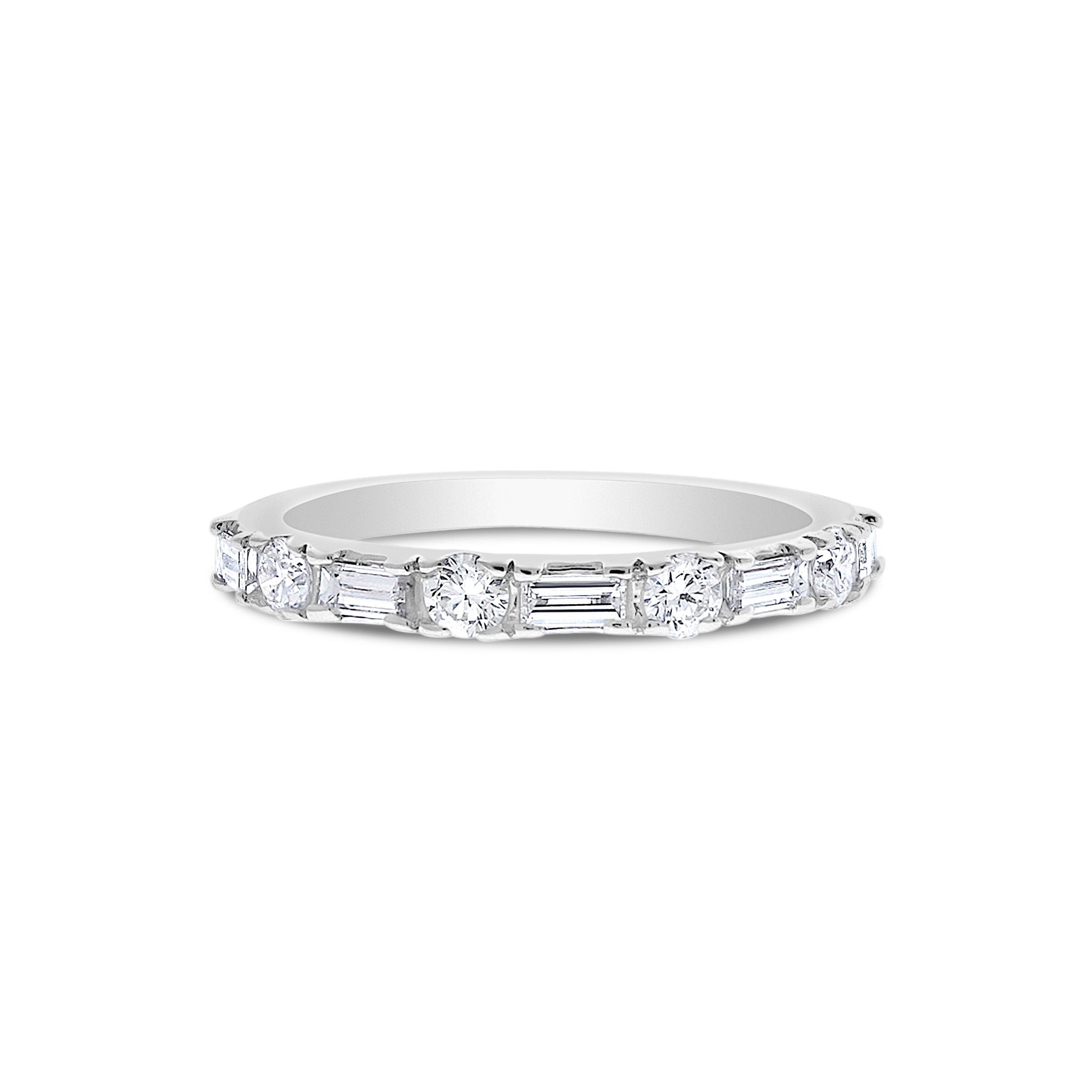 Baguette and Round Diamond Band, 14K White Gold