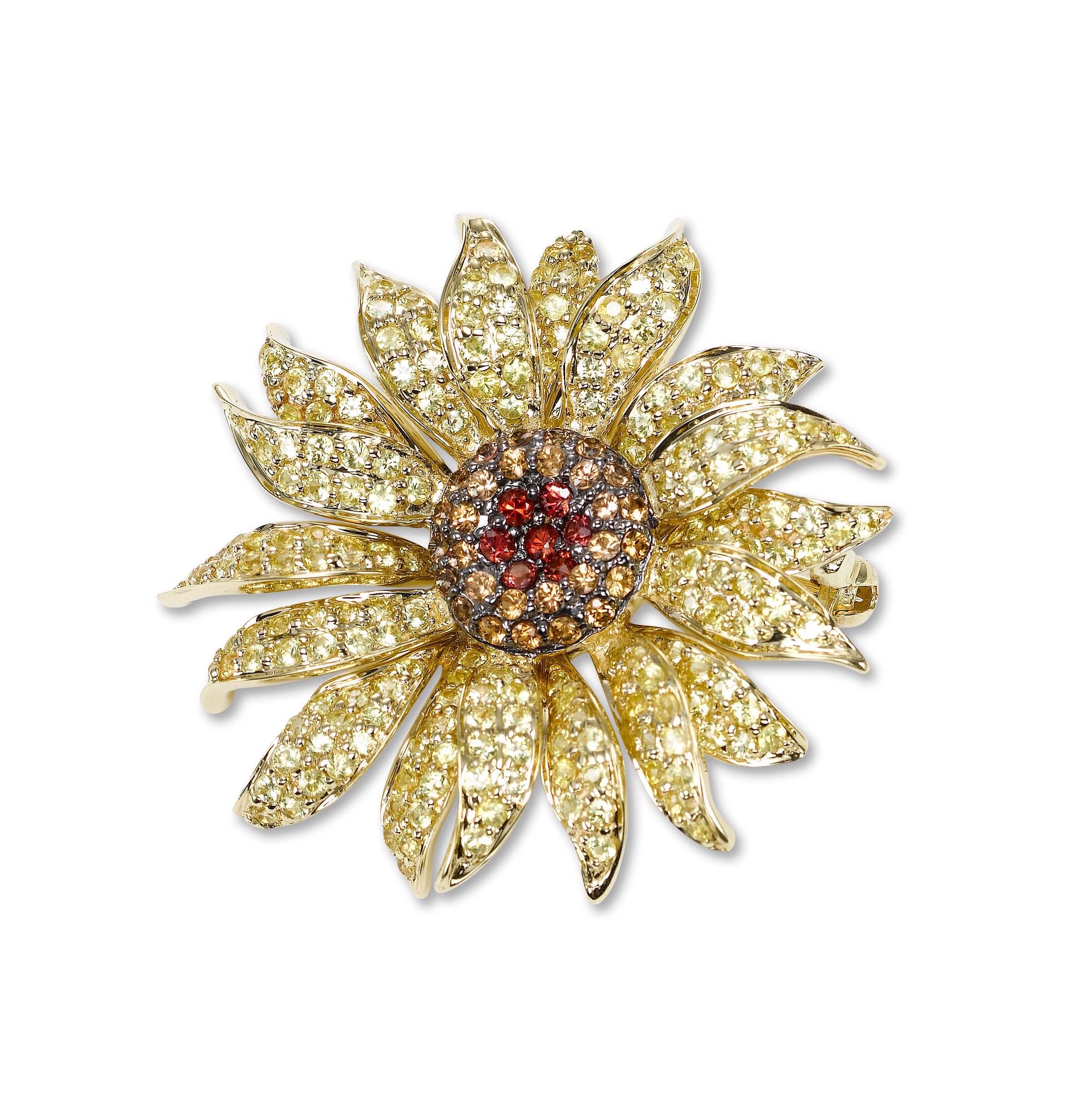 Yellow and Orange Sapphire Flower Pin, 14K Yellow Gold