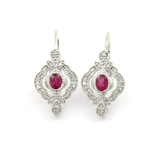 Vintage Style Ruby and Diamond Earrings, 14K White Gold | Long Island ...