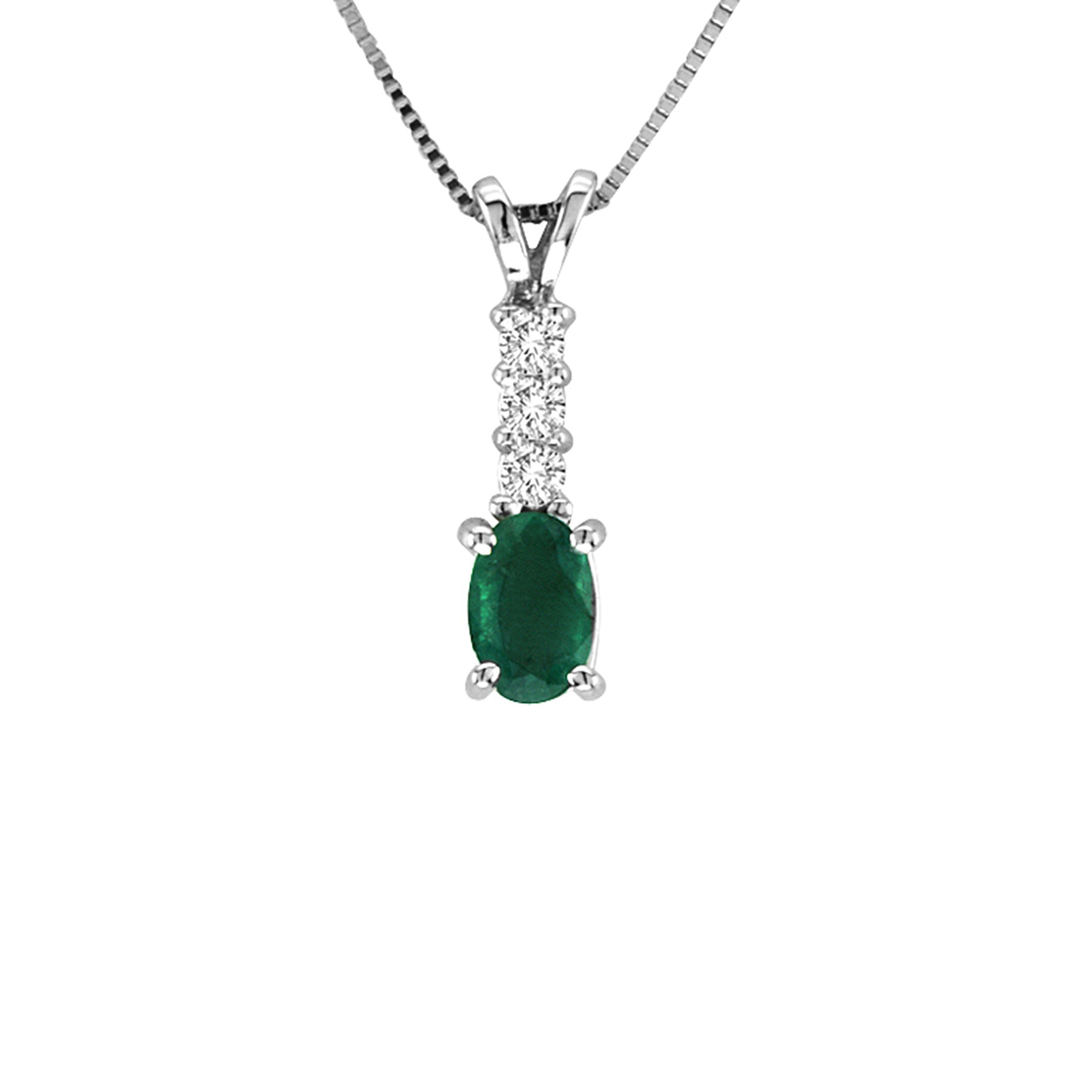 Oval Emerald and Diamond Drop Pendant .75-Inch, 14K White Gold
