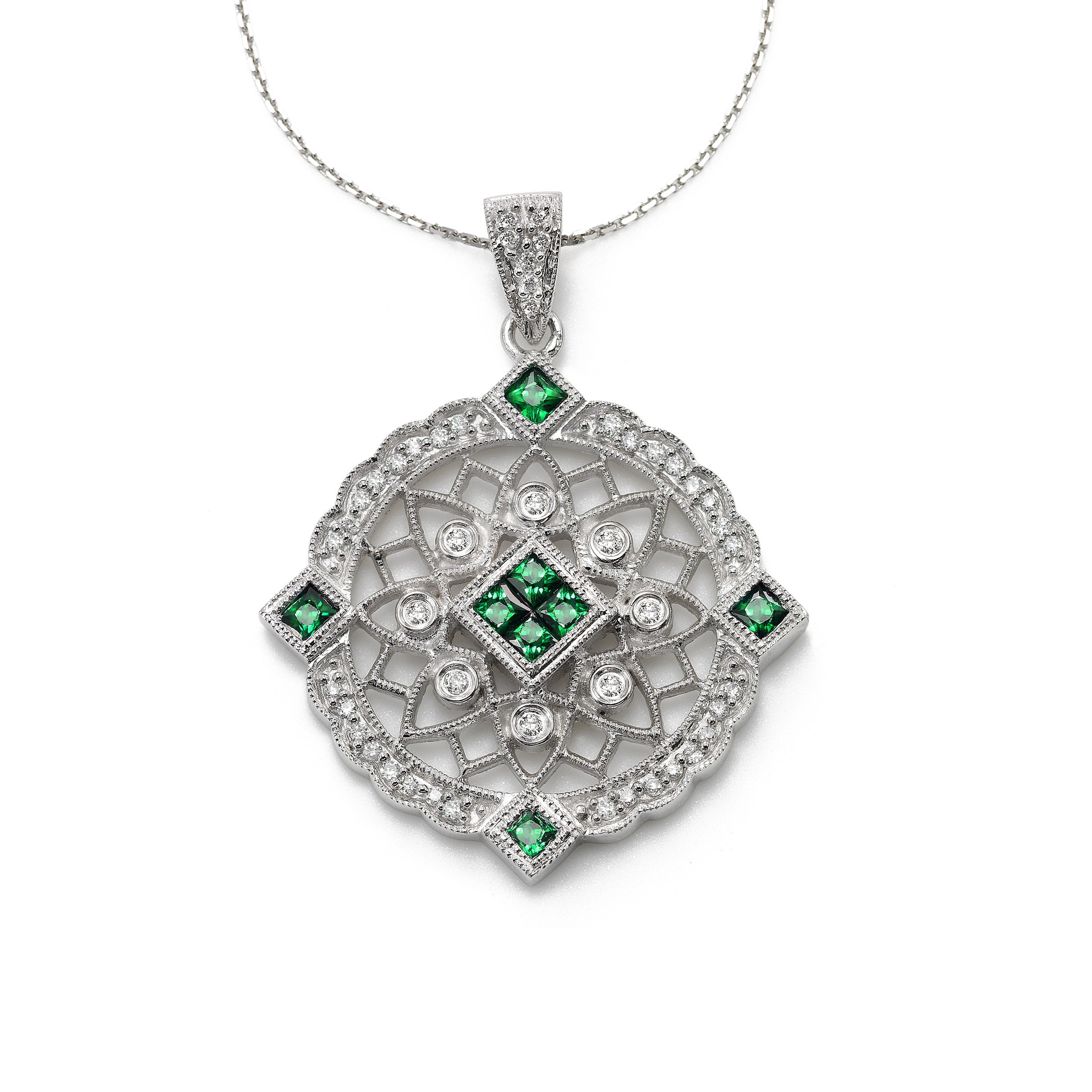 Emerald and Diamond Pendant, 14K White Gold | Long Island Jewelers