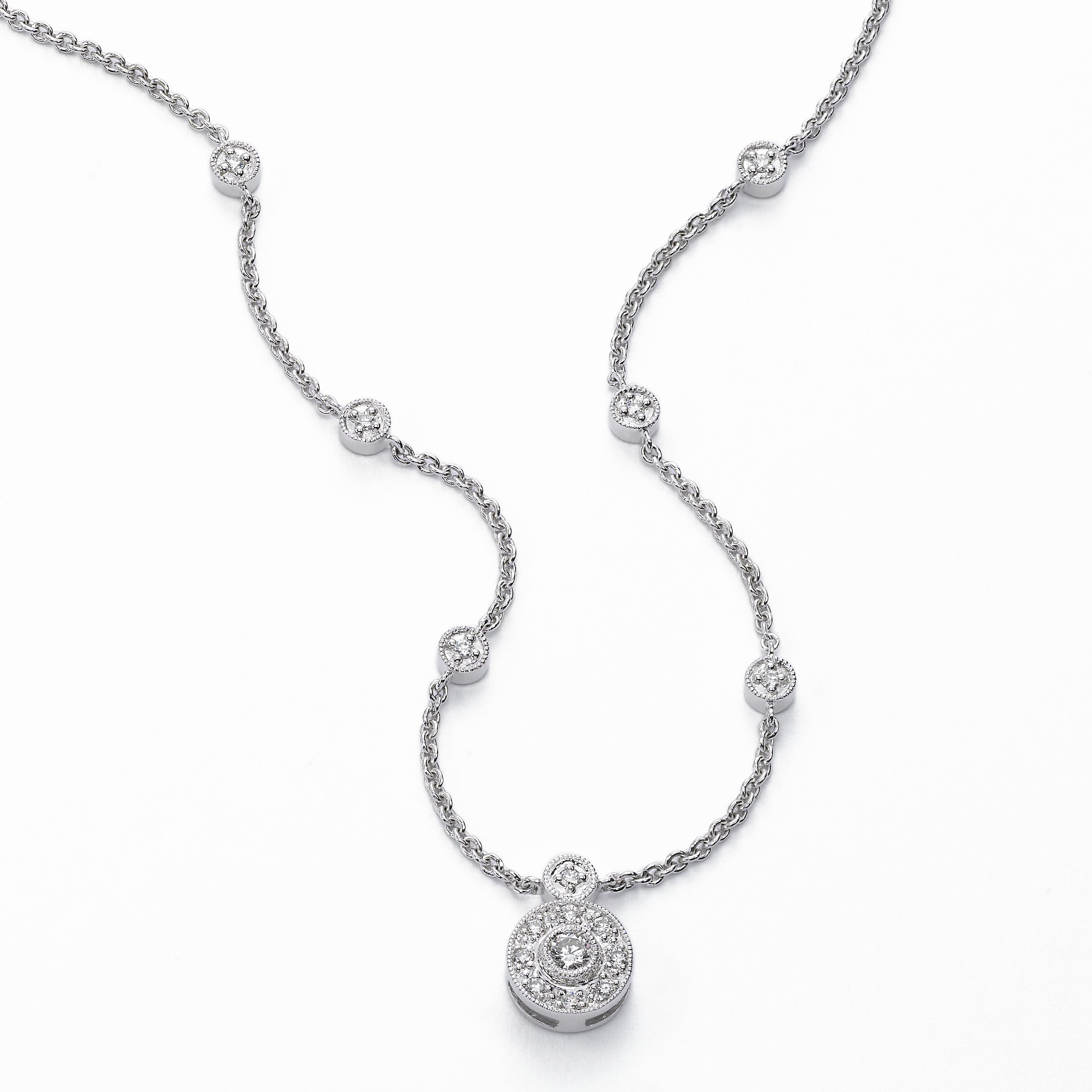 Pave and Bezel Set Diamond Necklace, 18 inch, 14K White Gold