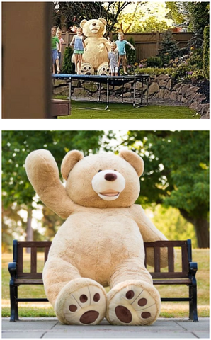 Giant teddy bear sitting on bench and with kids