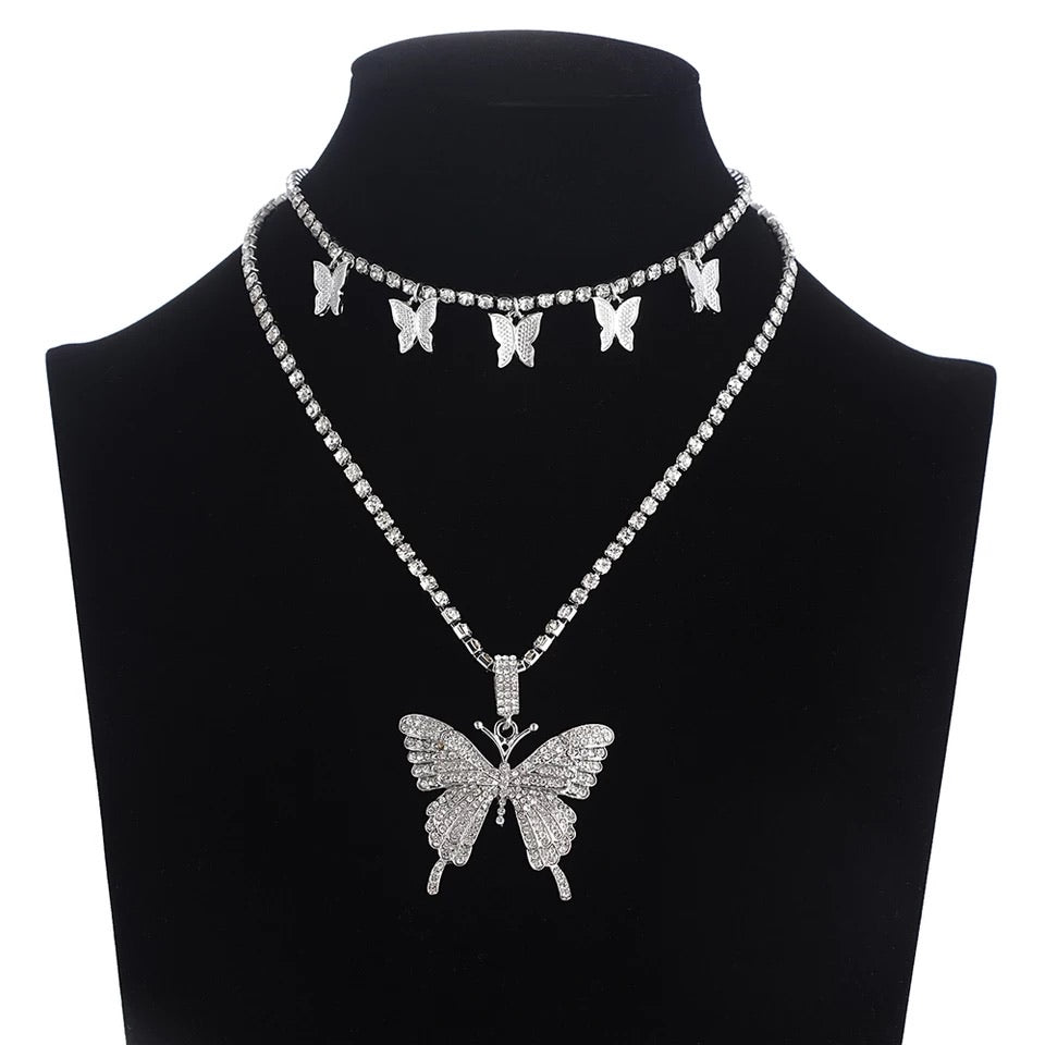 Rhinestone Butterfly Necklace Set - 3 Colours