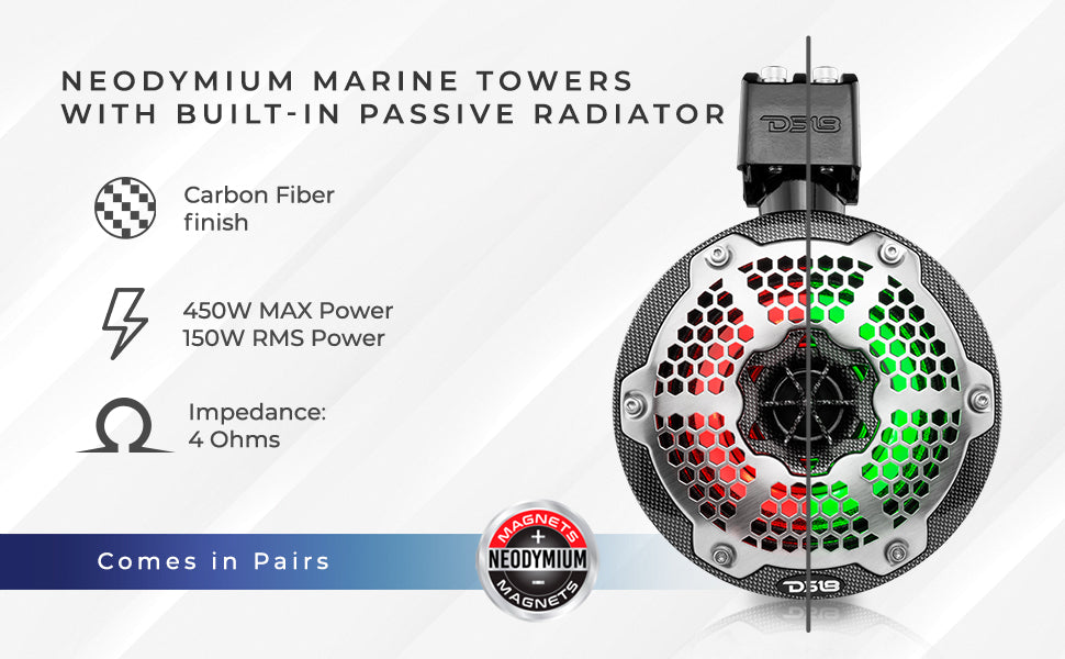 neodymium marine towers passive radiator rgb led light black carbon fiber