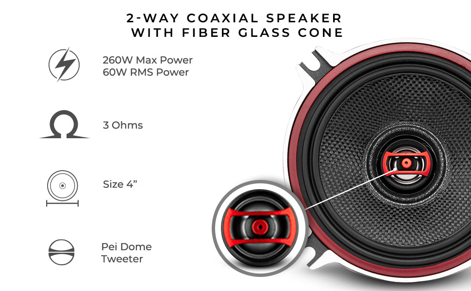 2 way coaxial car speaker audio system fiber glass dome 4 inch 340 watts