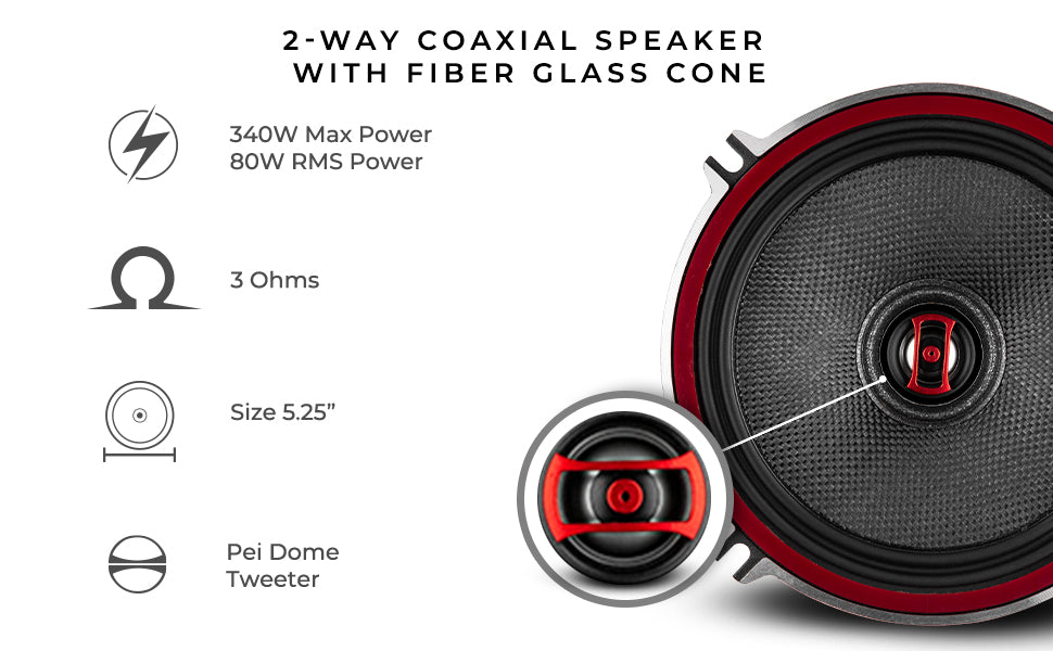 car audio 5.25 inches 2 way coaxial speaker fiber glass dome 340 watts