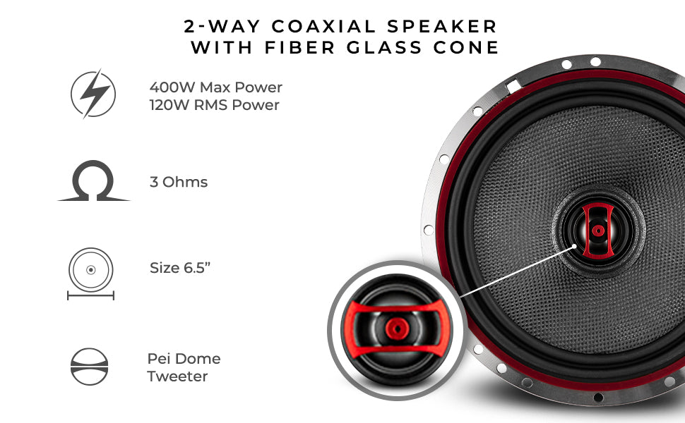 car audio 6.5 inches fiber glass dome 2 way coaxial speaker 400 watts