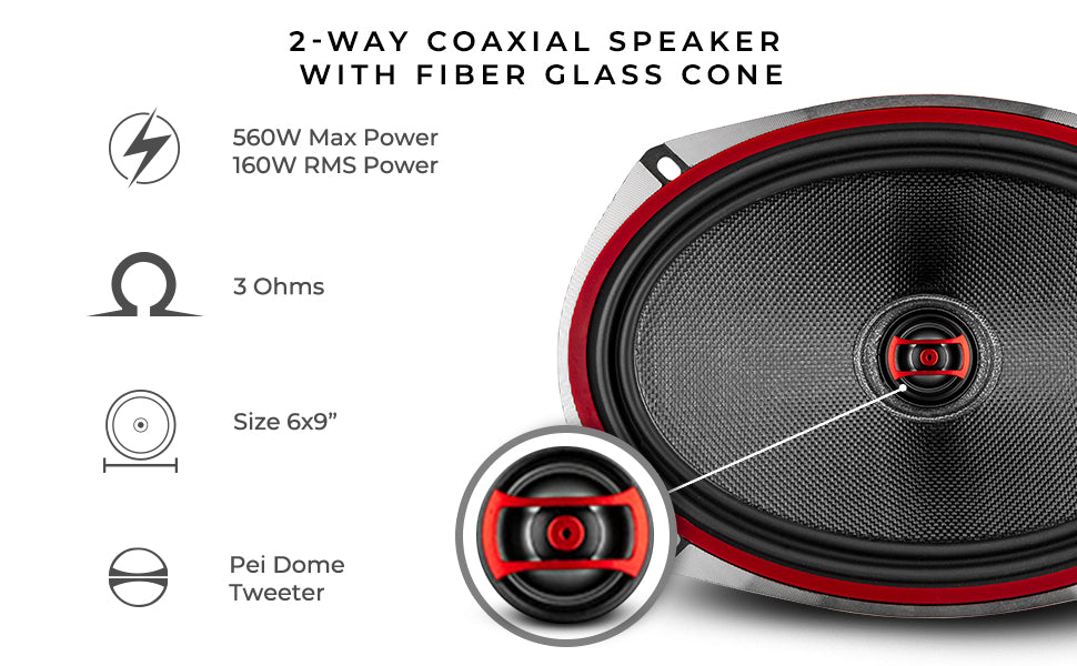 6x9 car audio speaker system 2 way coaxial fiber glass dome 560 watts
