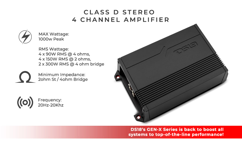 GEN-X Full-Range Class D 4-Channel Amplifier 4 x 300 Watts Rms @ 4-ohm