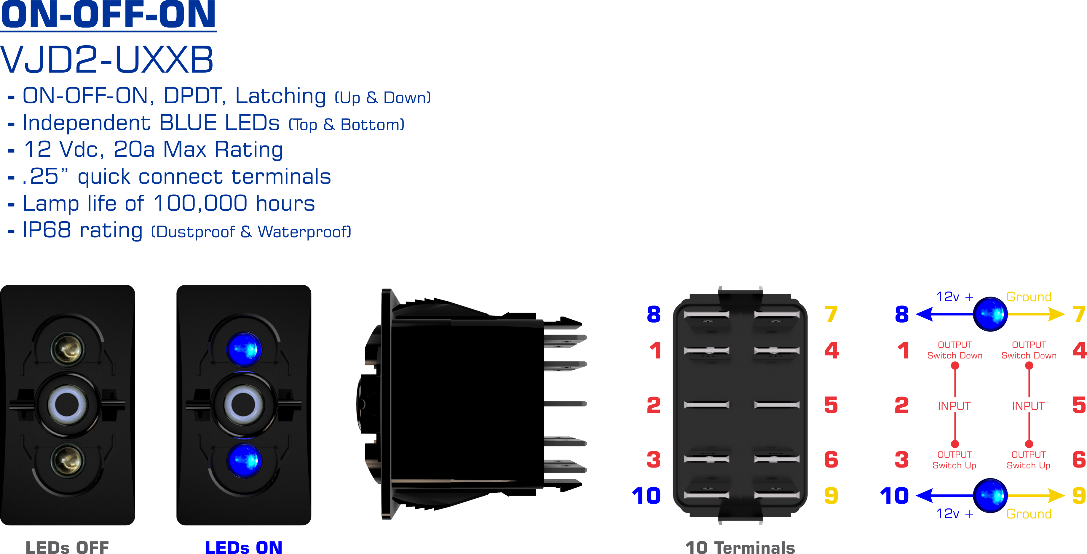 ON-OFF-ON Blue LED Switch Body Info