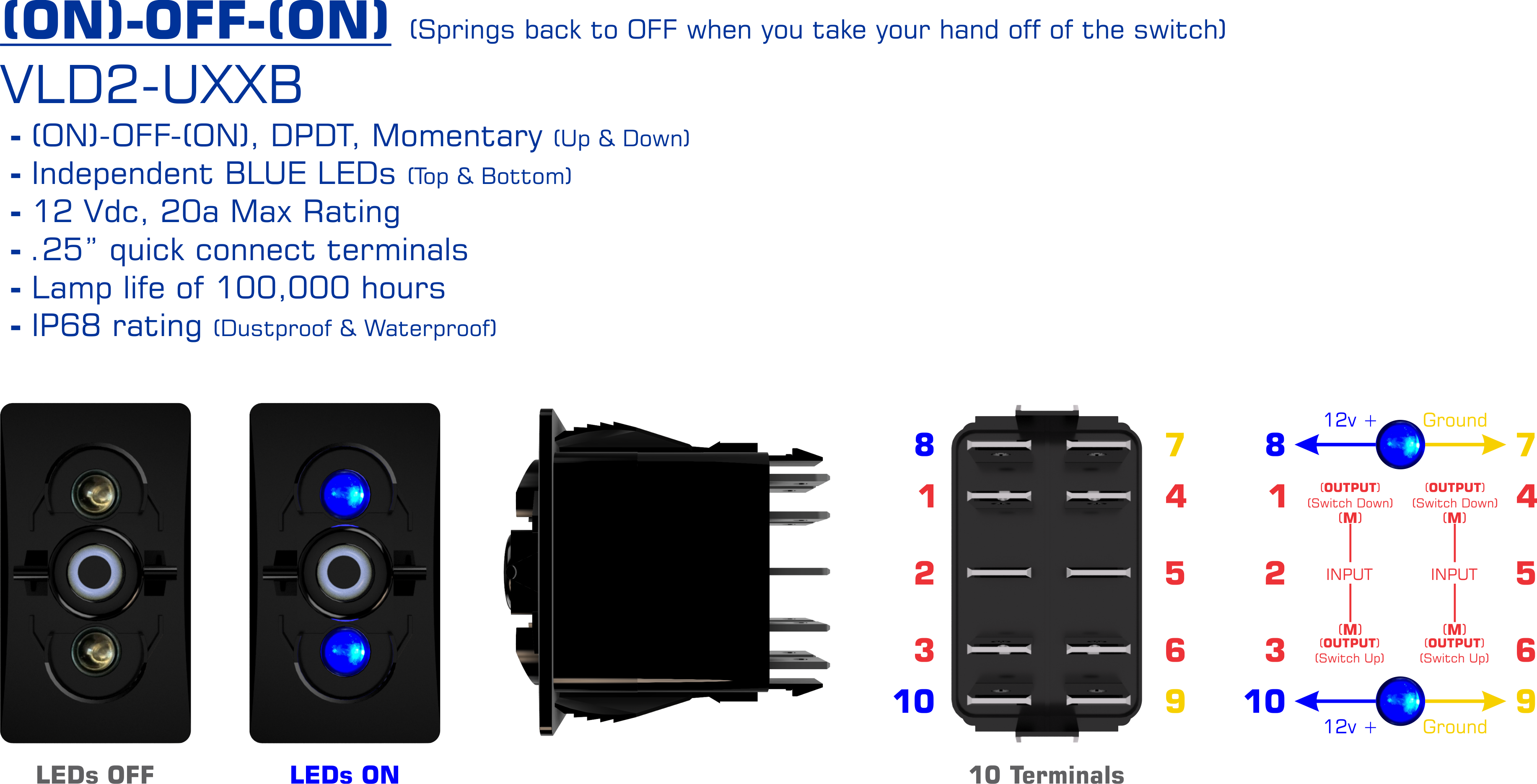 (ON)-OFF-(ON) Blue LED Switch Body Info