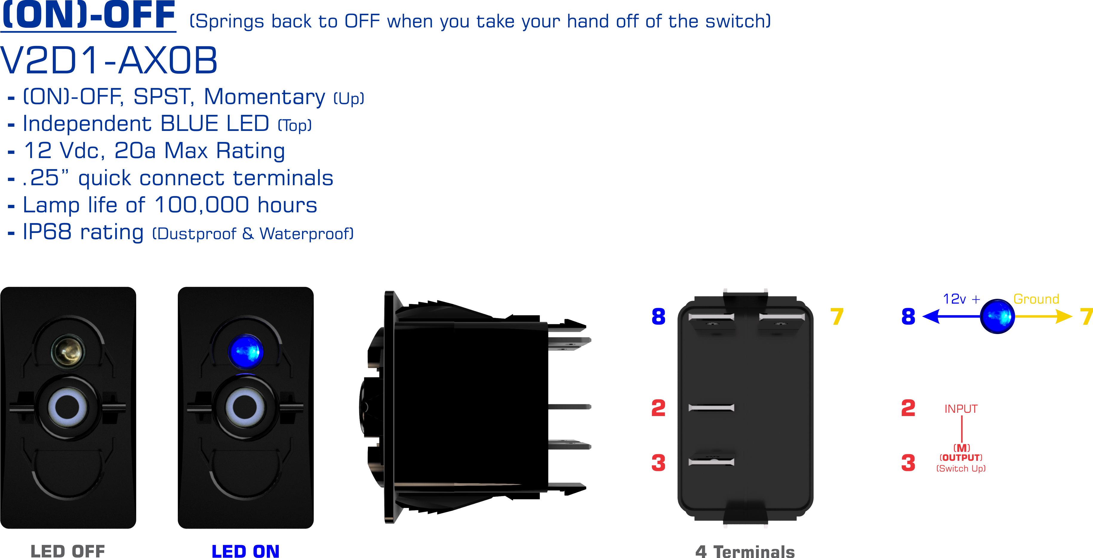 (ON)-OFF Blue LED Switch Body Info