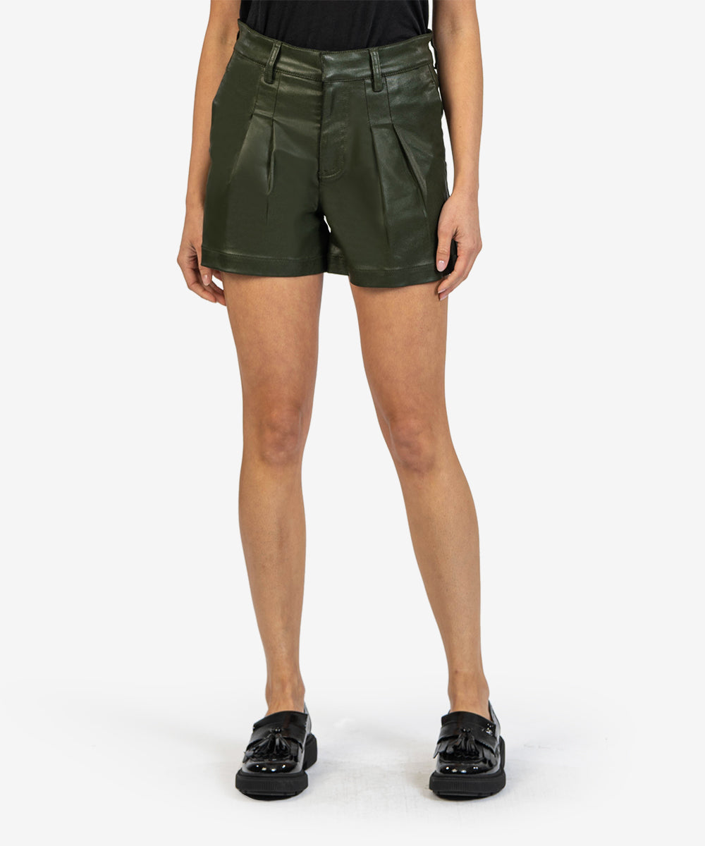 Image of Willa Coated Denim Pleated Shorts (Olive)