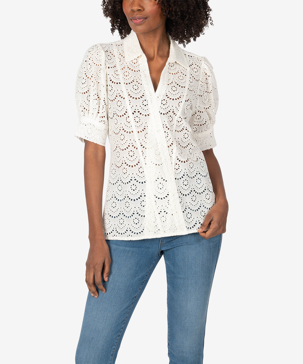 Image of Giralda Puff Sleeve Cotton Eyelet Top (White)