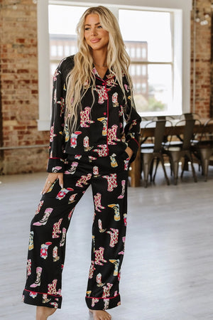 Cowboy Boot Print Satin Pajama Set - Hippie-Ki-Yay Boutique