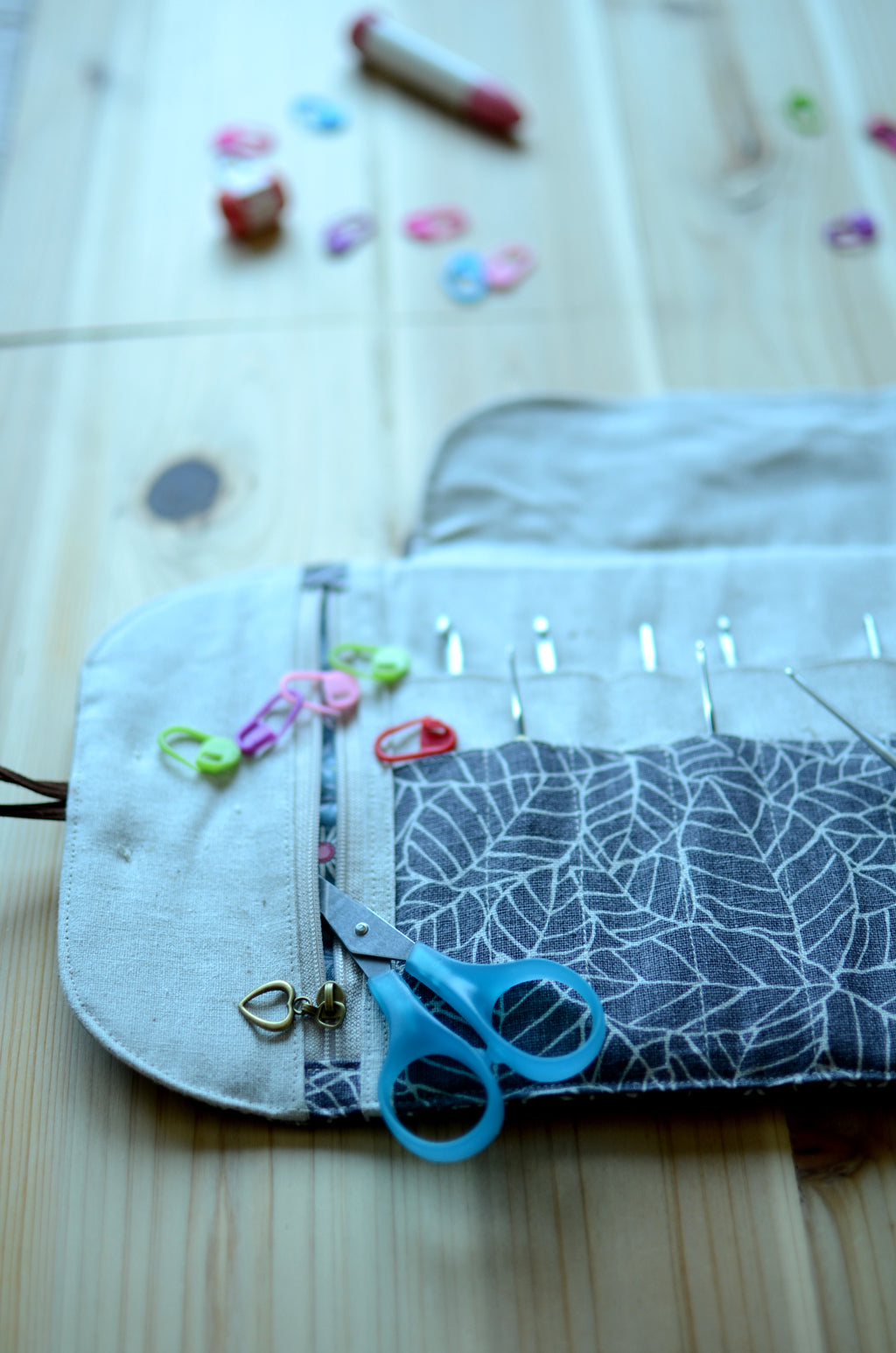 Crochet hook storage in natural linen with a built-in zipper pocket ...