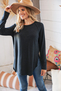 Black Baby Waffle Hi-Lo Raglan Top