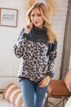 Taupe/Grey Hacci Leopard Print Cowl Neck Pullover