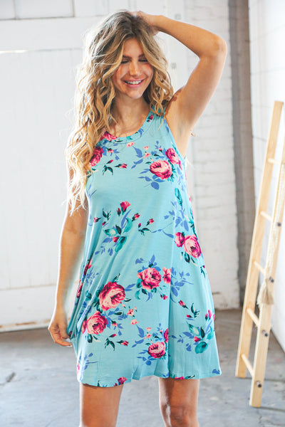 Teal & Blue Rose Floral Sleeveless Pocketed Swing Dress