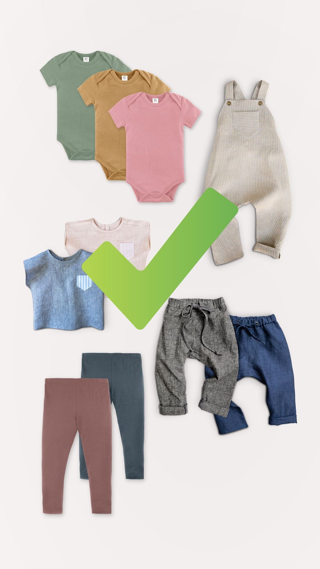 example of a minimalist baby capsule wardrobe with green checkmark