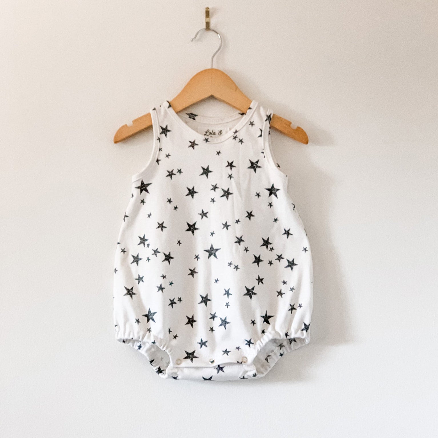 black and white baby bubble romper with stars