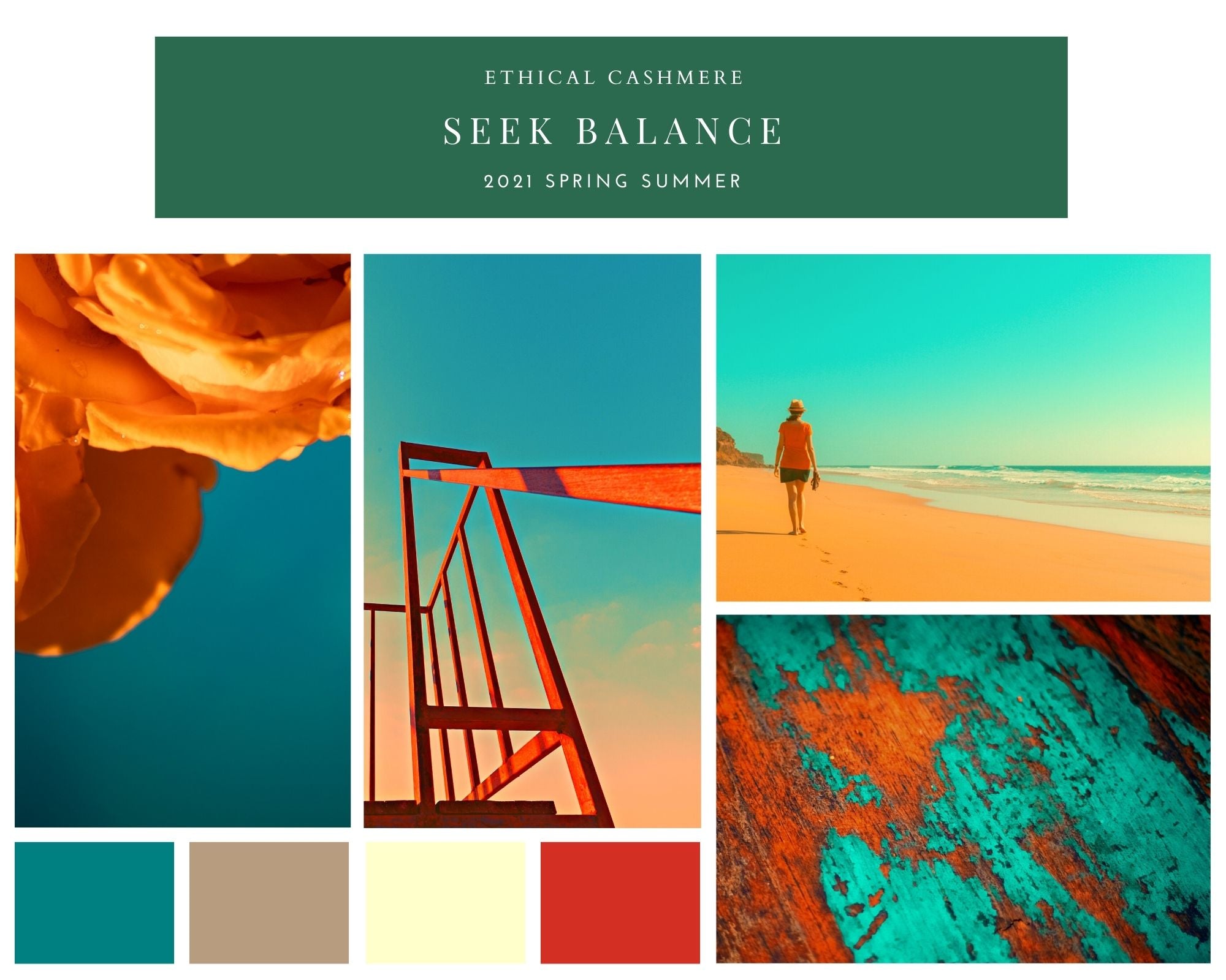 Mood board inspired by teal and orange themes for Ethical Cashmere's Spring 2021 season