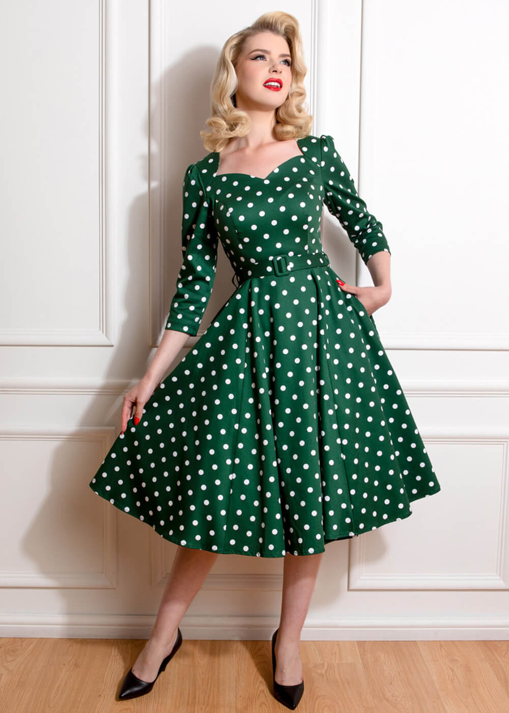 Hearts And Roses Kylie Polkadot 50s Swing Dress Green 