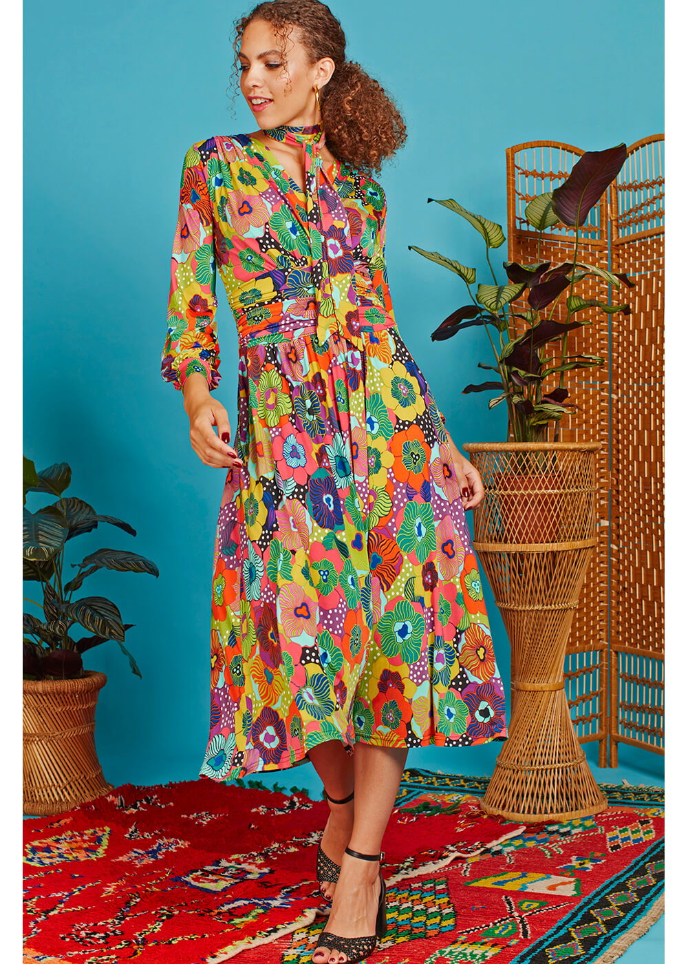 Onjenu Sharon Sky Flower 70's Midi Dress Multi – www.succubus.com