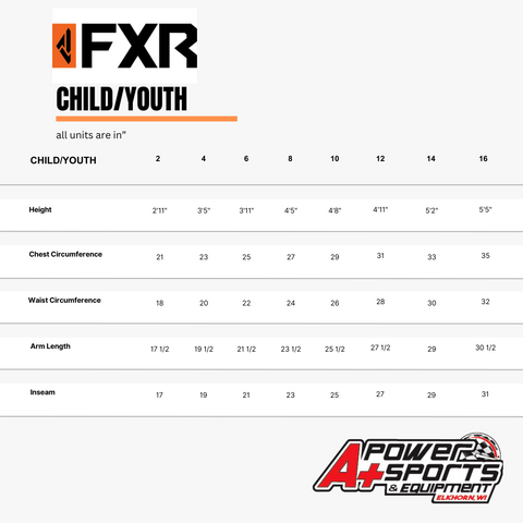 FXR Childrens / Youth Size Chart