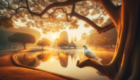 Icons that can be engraved on jewelry - dove in a park at sunrise