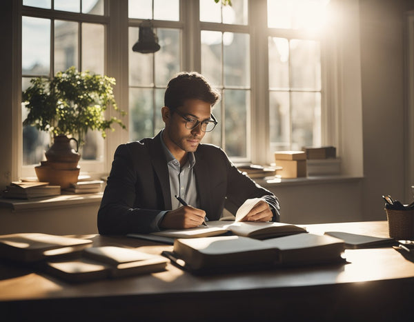 man journaing at desk