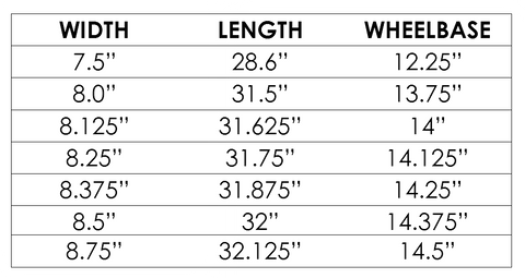 Exodus skateboard deck size chart