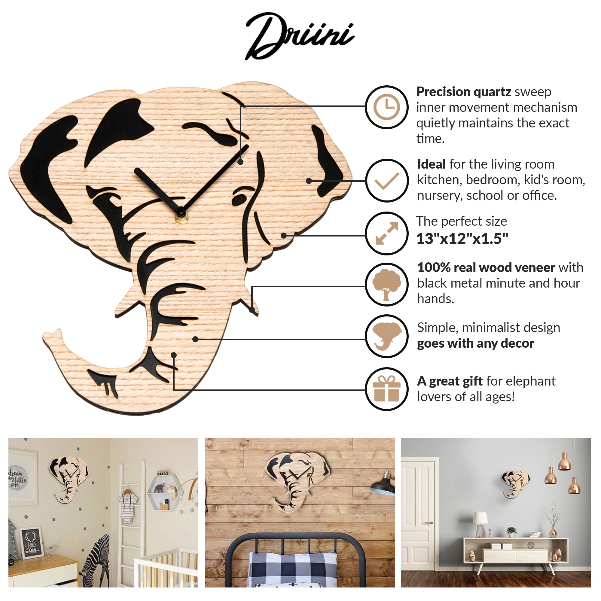 Driini Wooden Analog Elephant Wall Clock