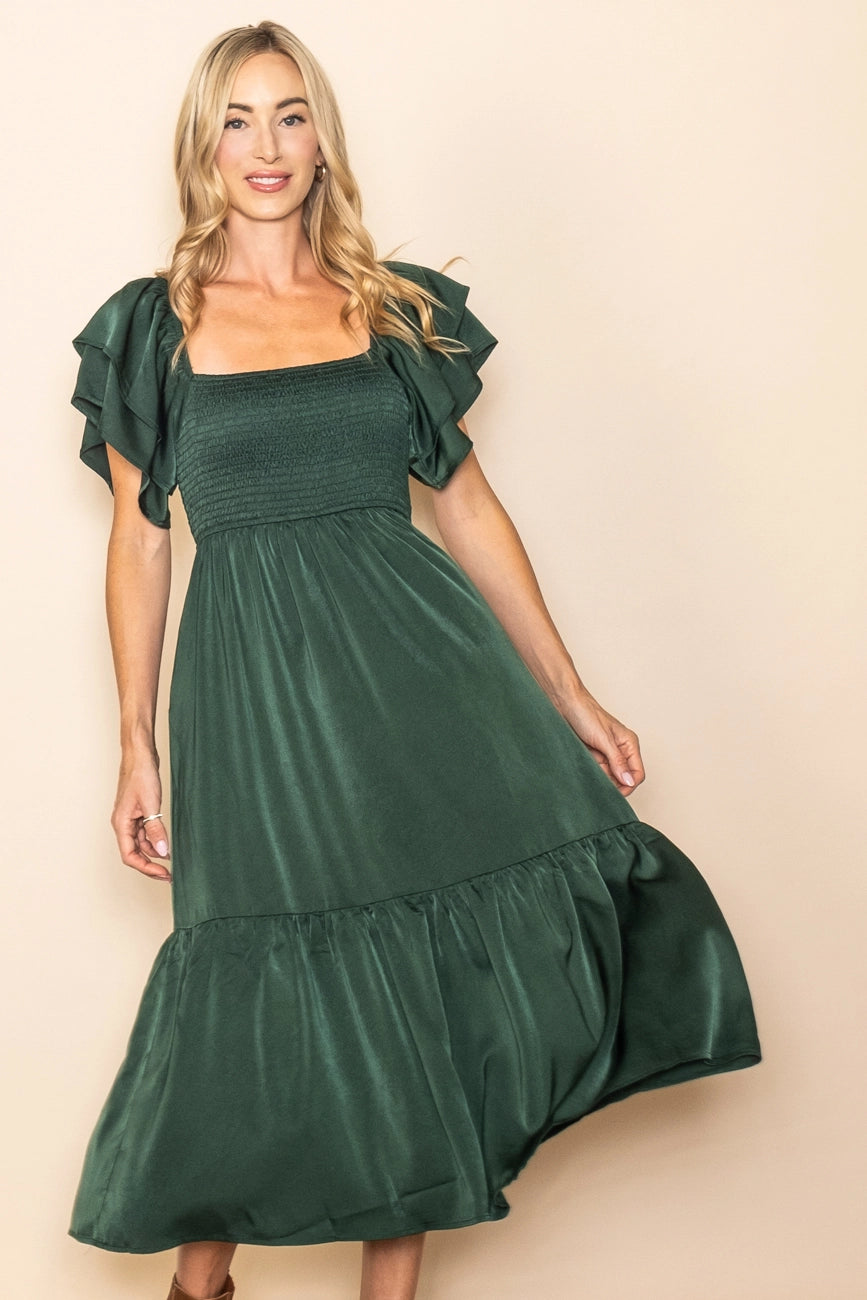 The Emmie Satin Flowy Smocked Dress in Hunter Green