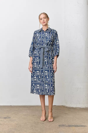 The Georgia Border Floral Print Shirt Dress Navy/Ivory - Colby & Claire