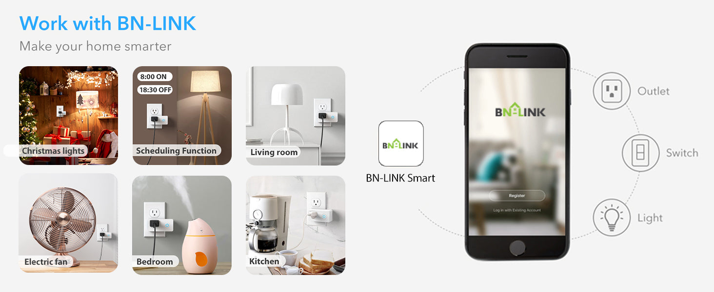 BN-LINK Smart Wi-Fi Plug Outlet, Remote Control by App, Alexa, FI, ETL Listed.