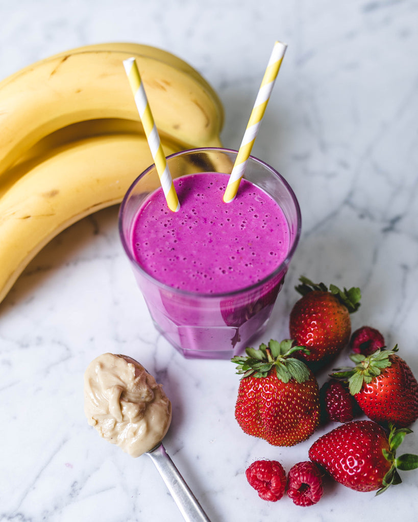 Pink Smoothie Made with JOI, Pitaya, Goji Powder, and Chia Seeds